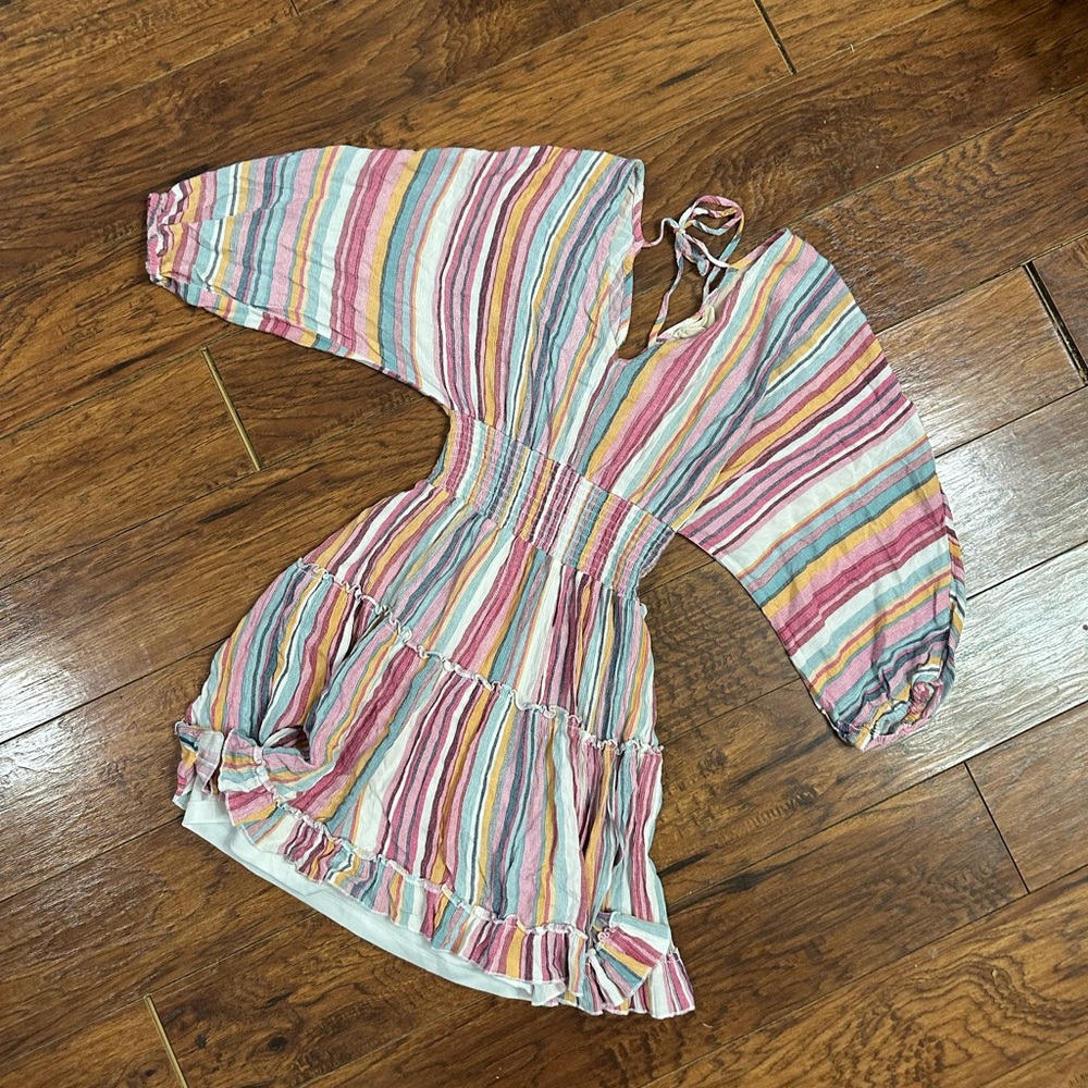 Hyped Unicorn Pastel Striped Boho V-Neck Ruffle Dress Size Small